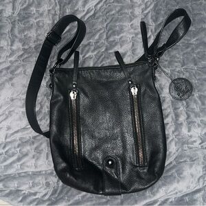 Black Leather Crossbody Bag with Dual Zippers